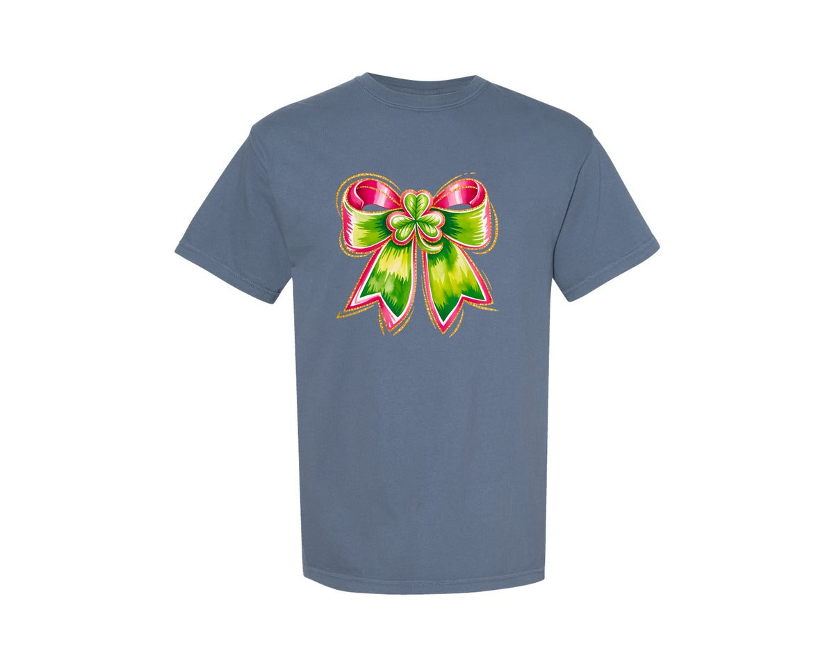 brand:Comfort Colors|color:Blue Jean|Coquette St Patricks Shamrock Bow Graphic T-Shirt
