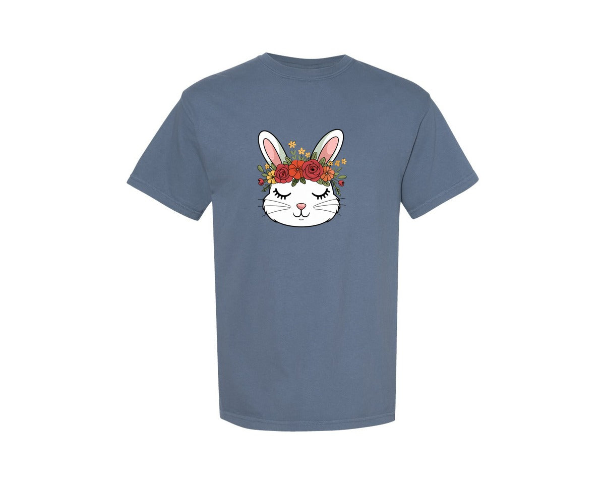 brand:Comfort Colors|color:Blue Jean|Floral Bunny Face Cute Easter Bunny Graphic T-Shirt
