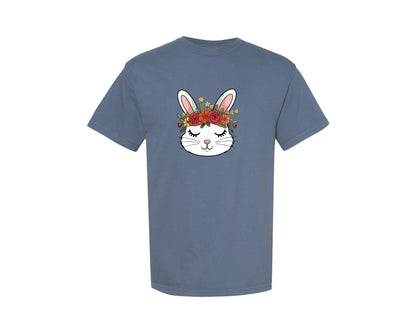 brand:Comfort Colors|color:Blue Jean|Floral Bunny Face Cute Easter Bunny Graphic T-Shirt