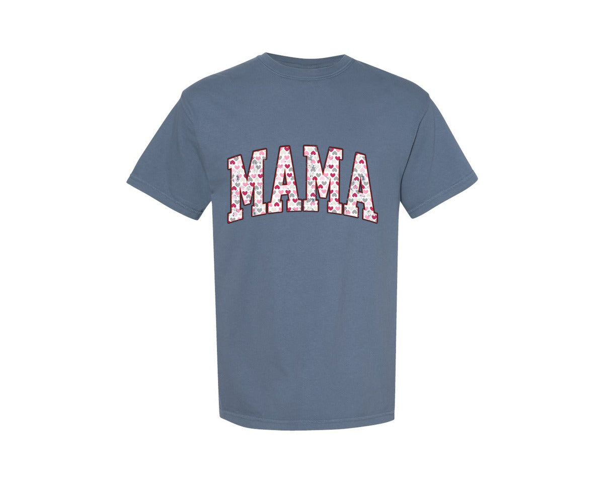 brand:Comfort Colors|color:Blue Jean|Mama Hearts Valentines Day Retro Varsity Graphic T-Shirt