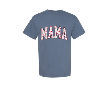 brand:Comfort Colors|color:Blue Jean|Mama Hearts Valentines Day Retro Varsity Graphic T-Shirt