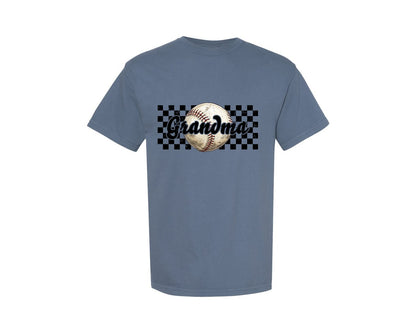 brand:Comfort Colors|color:Blue Jean|Baseball Grandma Checkered Distressed Graphic T-Shirt