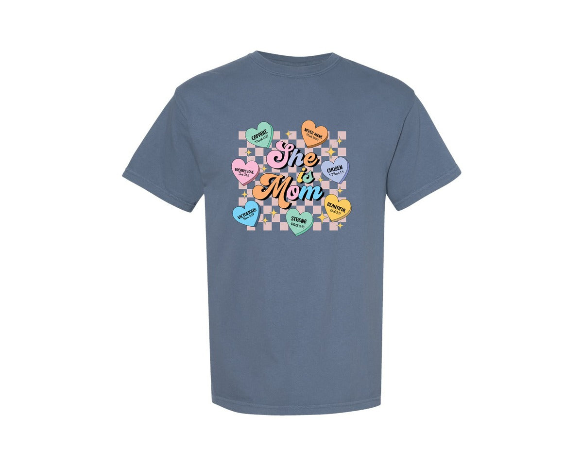 brand:Comfort Colors|color:Blue Jean|She Is Mom Bible Hearts Graphic T-Shirt