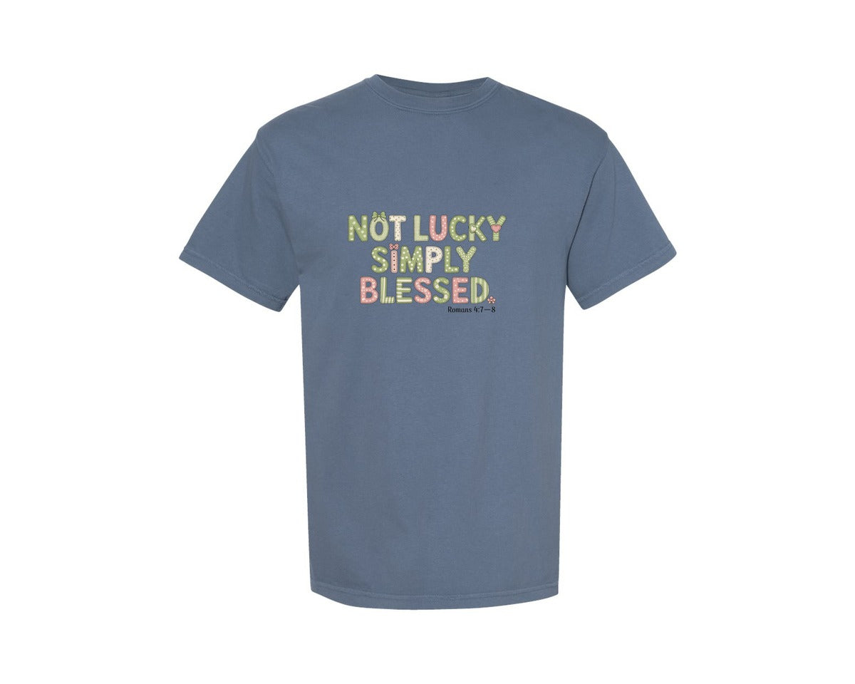 brand:Comfort Colors|color:Blue Jean|St Patricks Not Lucky Simply Blessed P Graphic T-Shirt