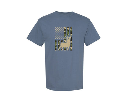 brand:Comfort Colors|color:Blue Jean|Camo American Flag Deer Elk Buck Hunting Graphic T-Shirt