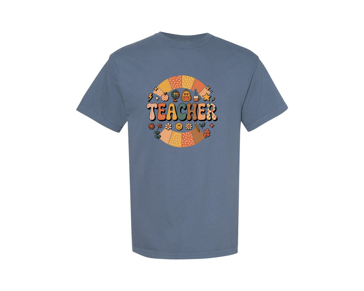 brand:Comfort Colors|color:Blue Jean|Retro Teacher Rainbow Graphic T-Shirt