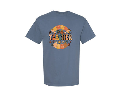 brand:Comfort Colors|color:Blue Jean|Retro Teacher Rainbow Graphic T-Shirt