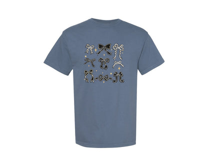 brand:Comfort Colors|color:Blue Jean|Checkered Coquette Bow Black And White Graphic T-Shirt