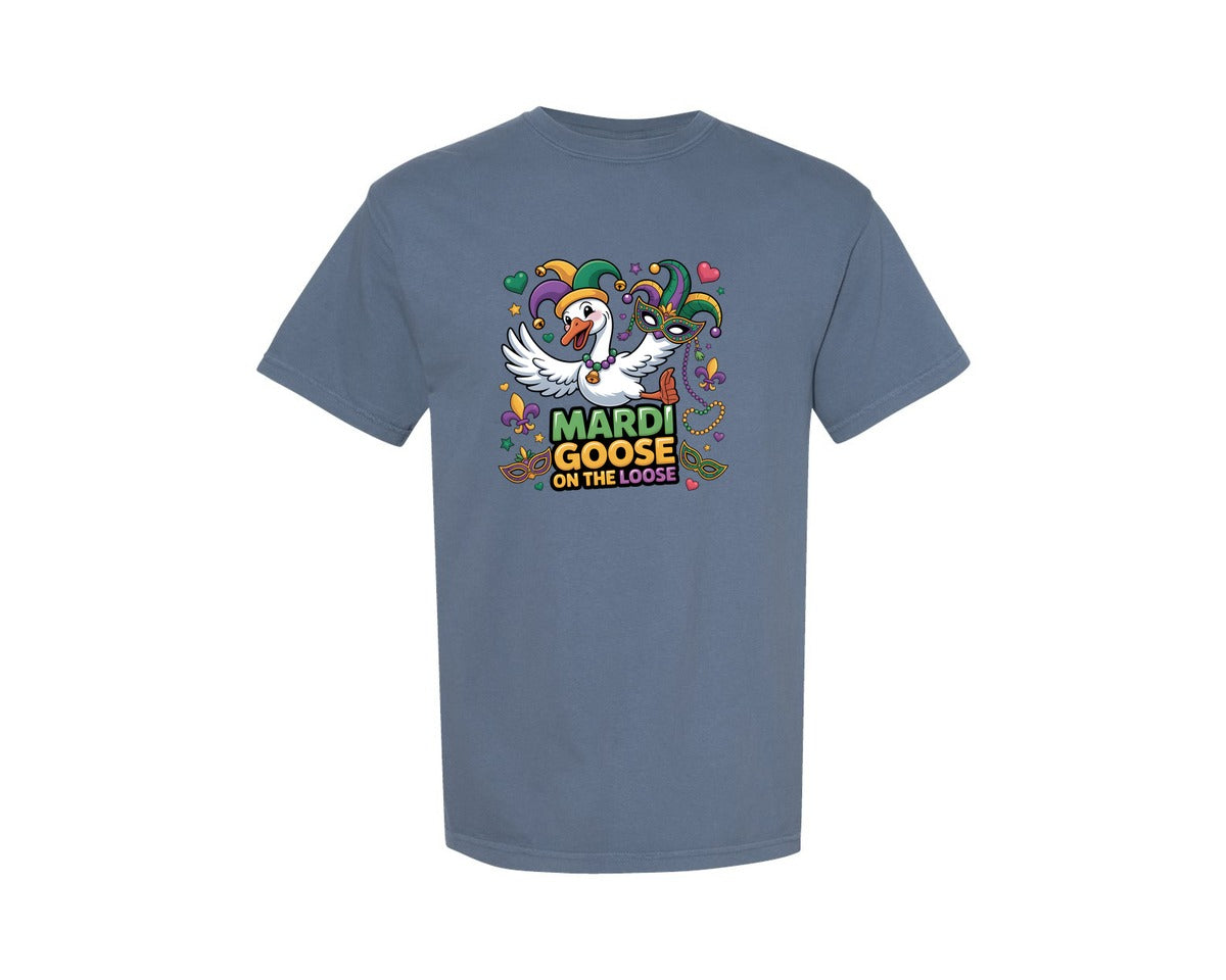 brand:Comfort Colors|color:Blue Jean|Mardi Goose On The Loose Mardi Gras Graphic T-Shirt