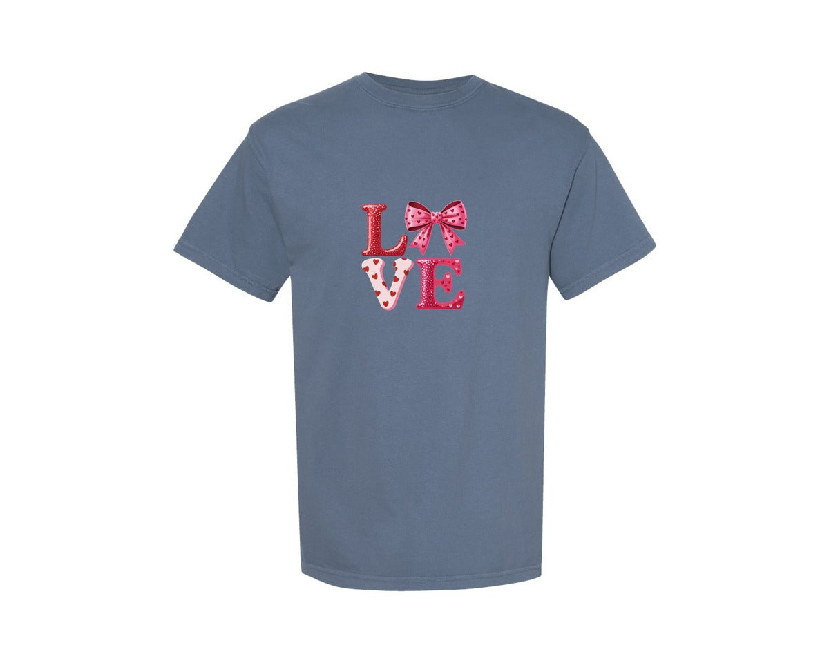 brand:Comfort Colors|color:Blue Jean|Love Valentine Coquette Bow Design Graphic T-Shirt