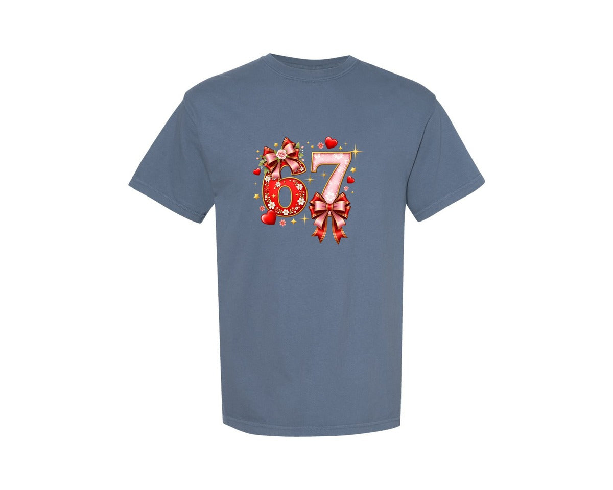 brand:Comfort Colors|color:Blue Jean|Floral Heart 67 Birthday Graphic T-Shirt
