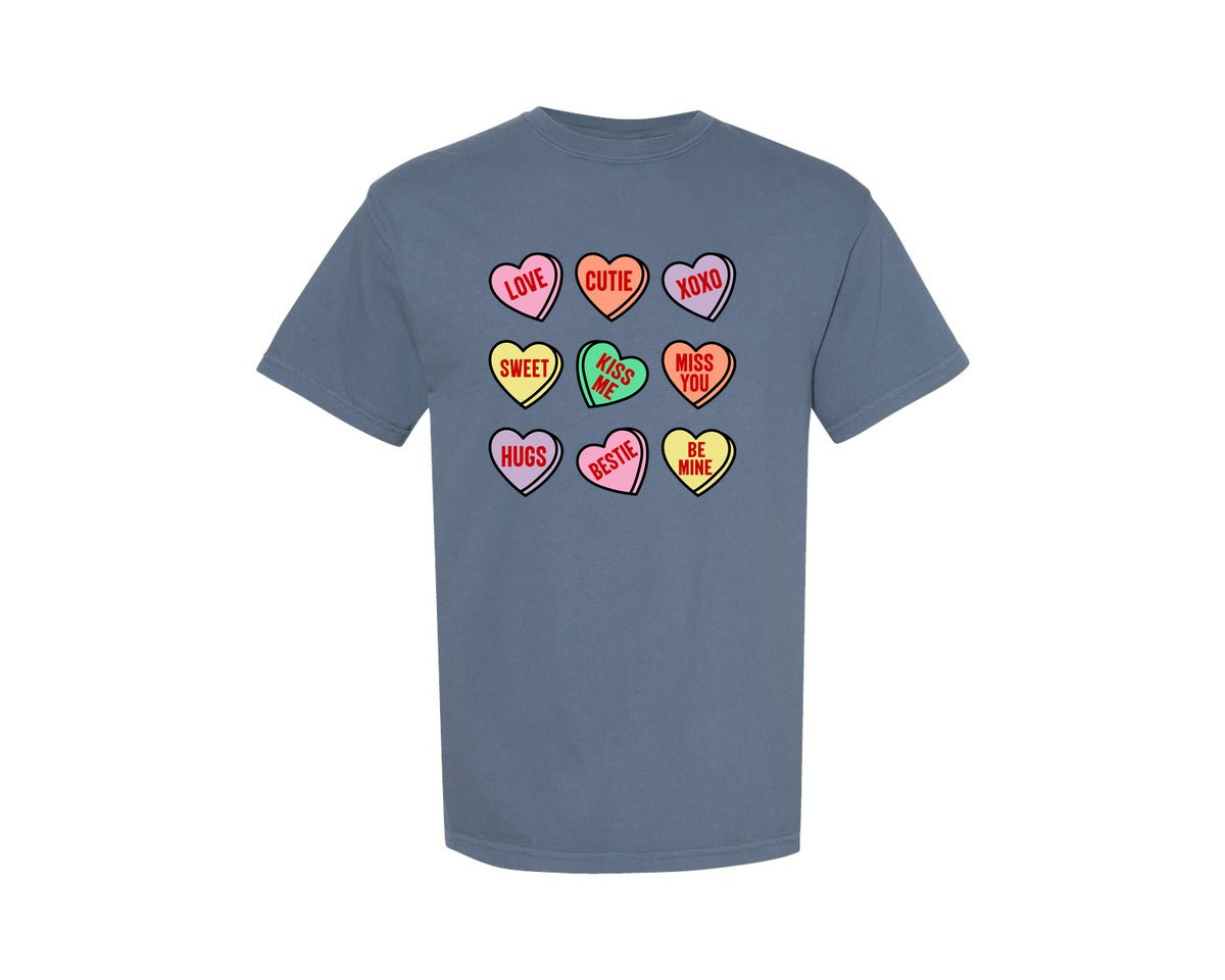 brand:Comfort Colors|color:Blue Jean|Retro Valentines Candy Hearts Graphic T-Shirt