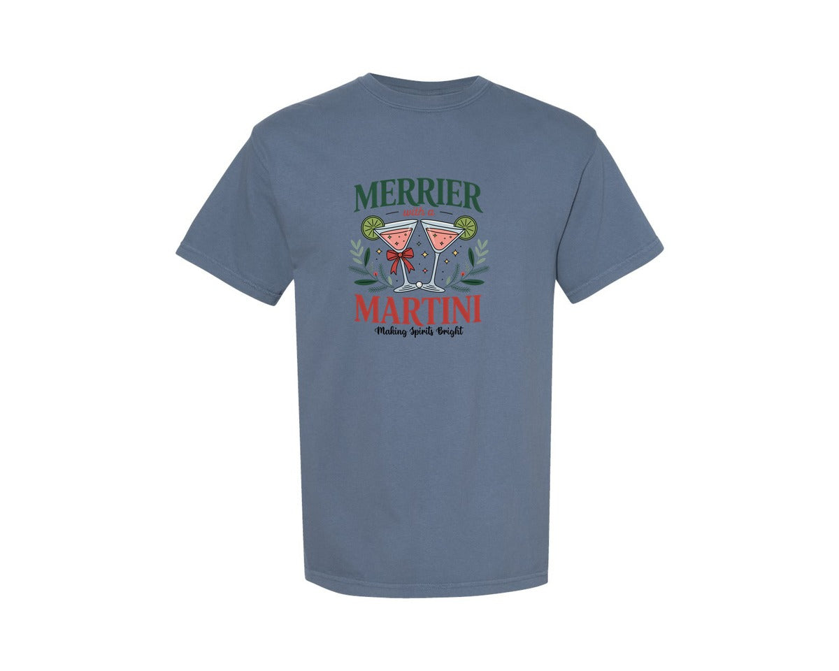 brand:Comfort Colors|color:Blue Jean|Merrier With A Martini Christmas Graphic T-Shirt