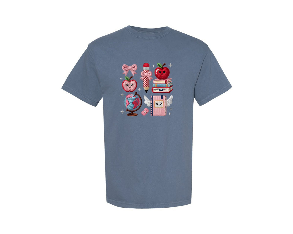 brand:Comfort Colors|color:Blue Jean|Teacher Valentine Faux Yarn School Graphic T-Shirt