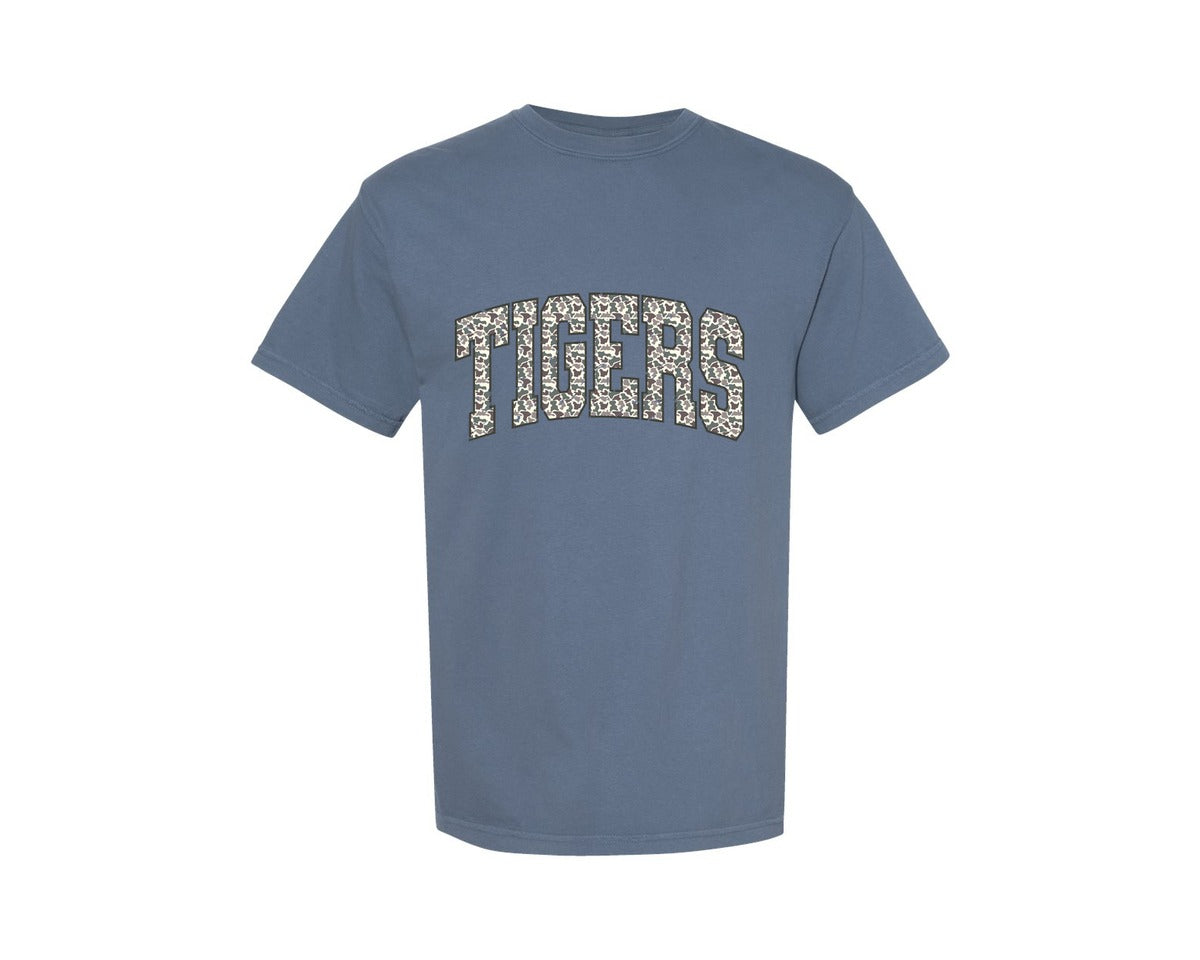 brand:Comfort Colors|color:Blue Jean|Camo Tigers Camouflage School Mascot Graphic T-Shirt