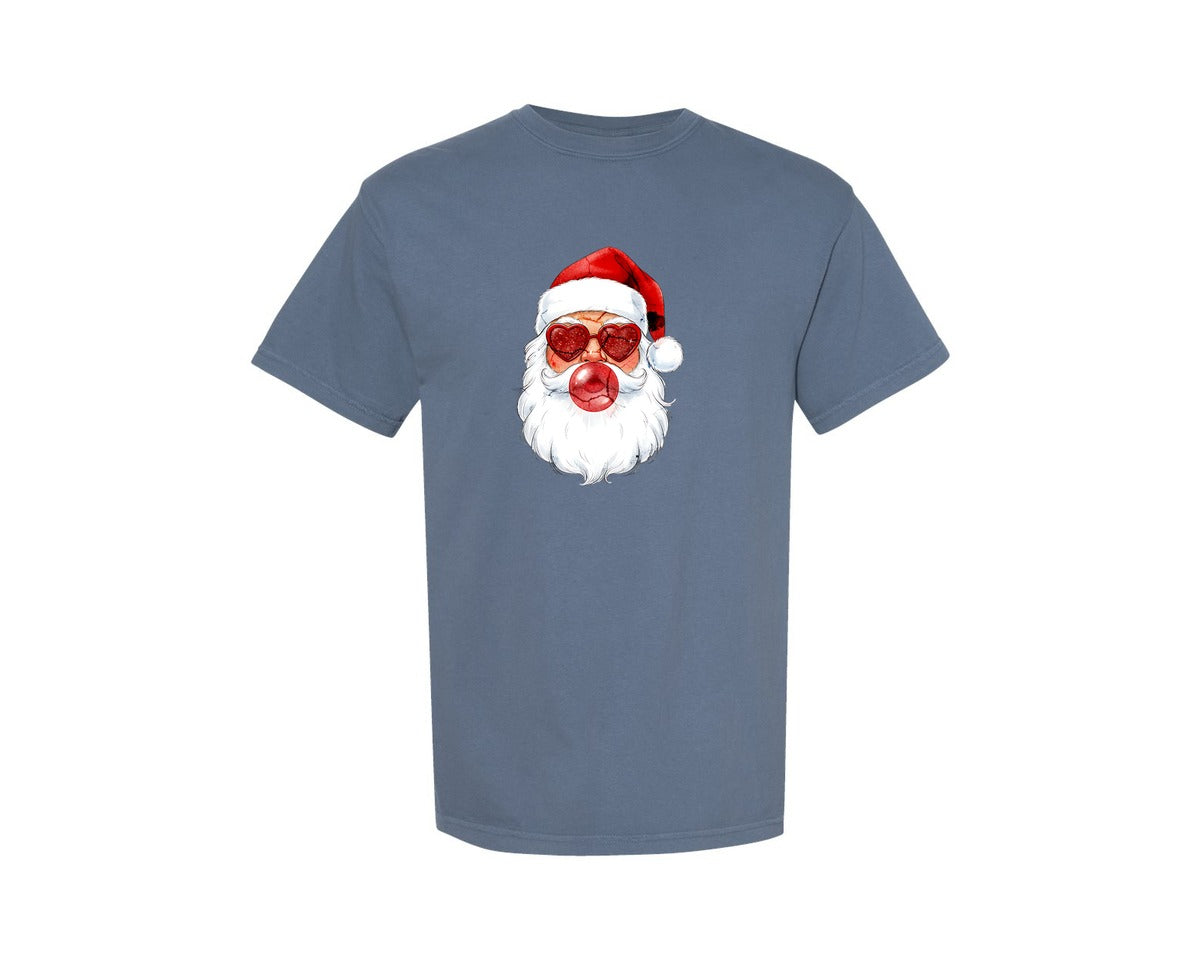 brand:Comfort Colors|color:Blue Jean|Retro Santa Blowing Bubble Pngchristmas Graphic T-Shirt