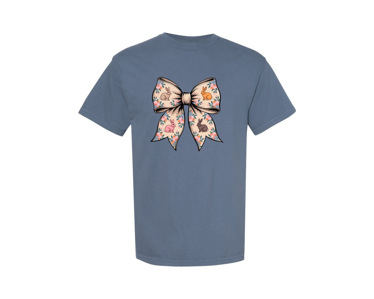 brand:Comfort Colors|color:Blue Jean|Floral Bunny Bow Graphic T-Shirt