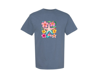 brand:Comfort Colors|color:Blue Jean|Floral Summer Starfish Boho Beach Graphic T-Shirt