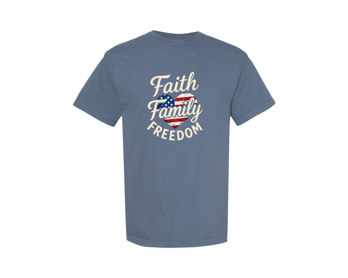 brand:Comfort Colors|color:Blue Jean|Faith Family Freedom Womens America Graphic T-Shirt