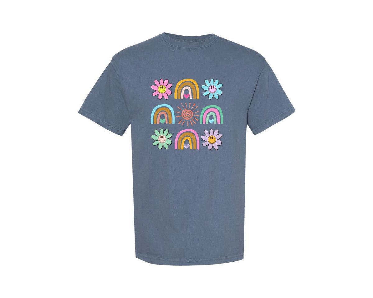 brand:Comfort Colors|color:Blue Jean|Summer Spring Flower Daisy Retro Rainbow Graphic T-Shirt