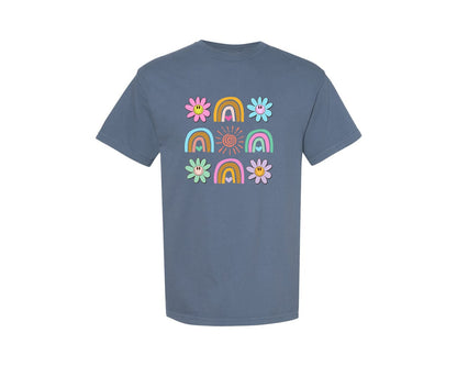brand:Comfort Colors|color:Blue Jean|Summer Spring Flower Daisy Retro Rainbow Graphic T-Shirt