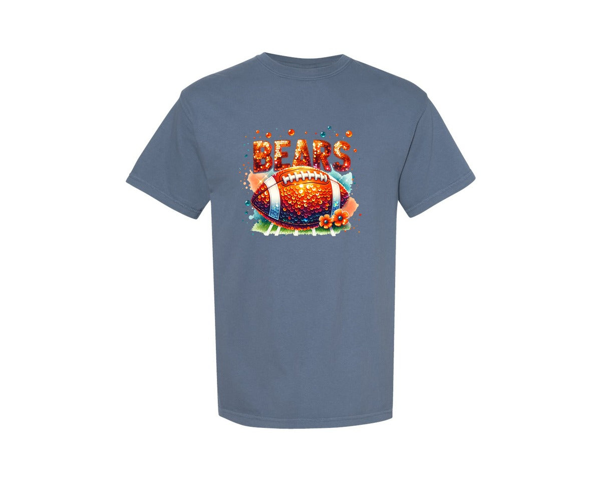brand:Comfort Colors|color:Blue Jean|Bears Orange Sequin Football Mascot Graphic T-Shirt