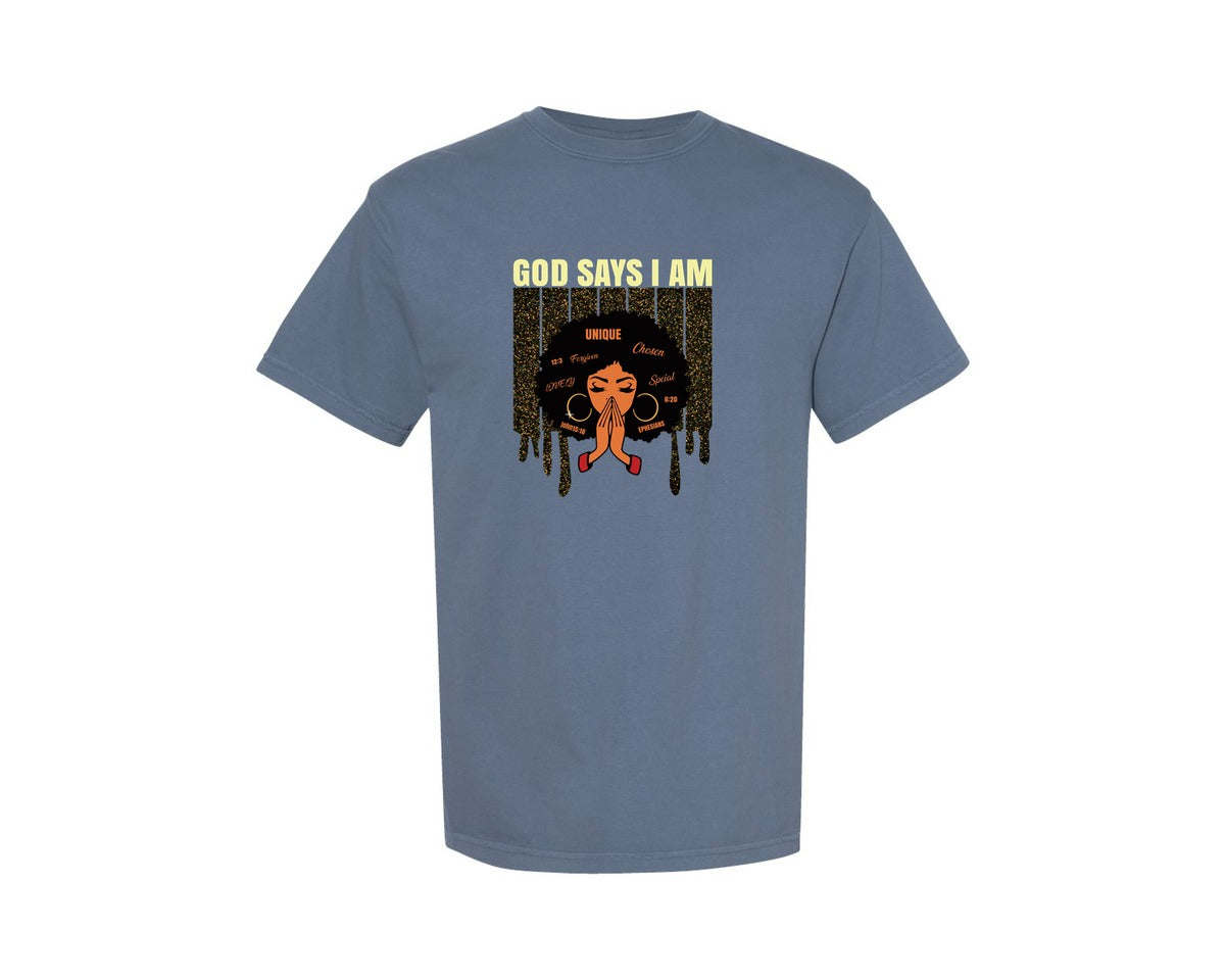 brand:Comfort Colors|color:Blue Jean|God Says I Am Afro Black Girl Graphic T-Shirt