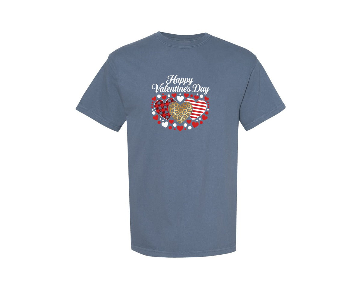 brand:Comfort Colors|color:Blue Jean|Happy Valentines Day Leopard Plaid Hear Graphic T-Shirt
