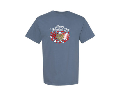 brand:Comfort Colors|color:Blue Jean|Happy Valentines Day Leopard Plaid Hear Graphic T-Shirt