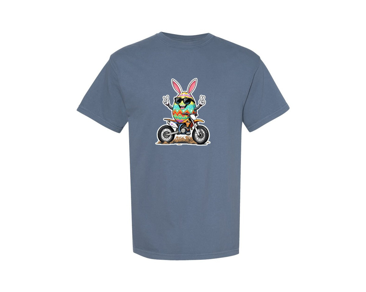 brand:Comfort Colors|color:Blue Jean|Egg Bunny On Motorbike T Shirt Design Graphic T-Shirt