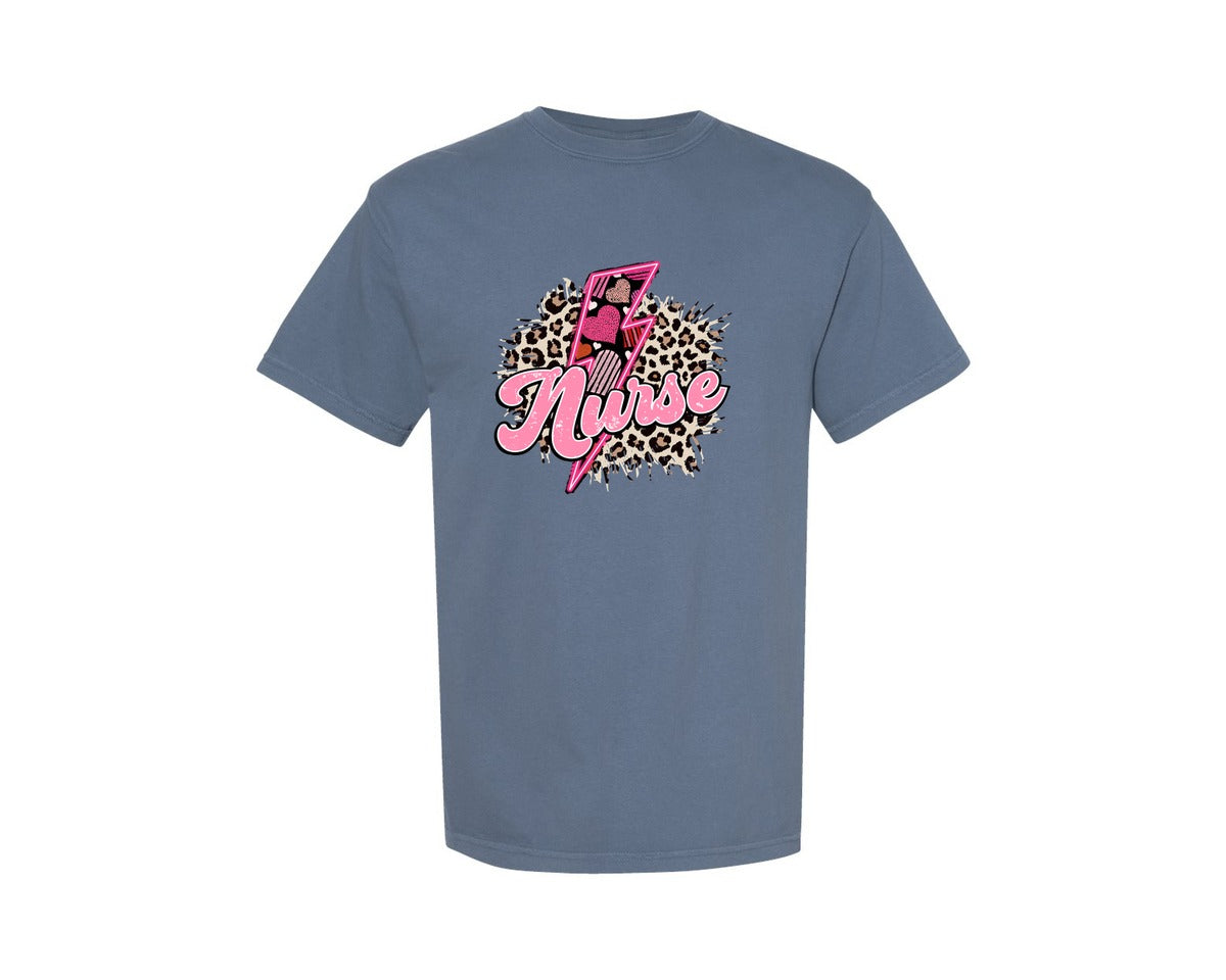 brand:Comfort Colors|color:Blue Jean|Nurse Valentine Vibes Lightning Bolt Graphic T-Shirt