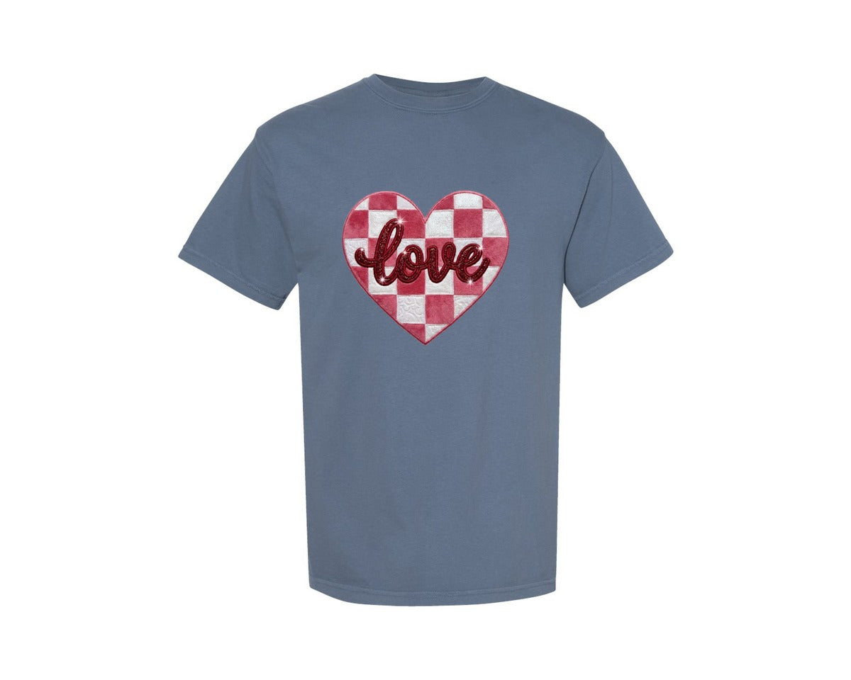 brand:Comfort Colors|color:Blue Jean|Faux Yarn Checkered Heart Valentine 2 Graphic T-Shirt