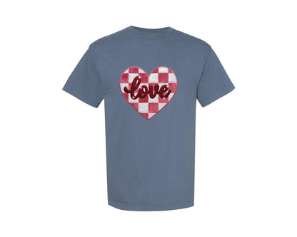 brand:Comfort Colors|color:Blue Jean|Faux Yarn Checkered Heart Valentine 2 Graphic T-Shirt