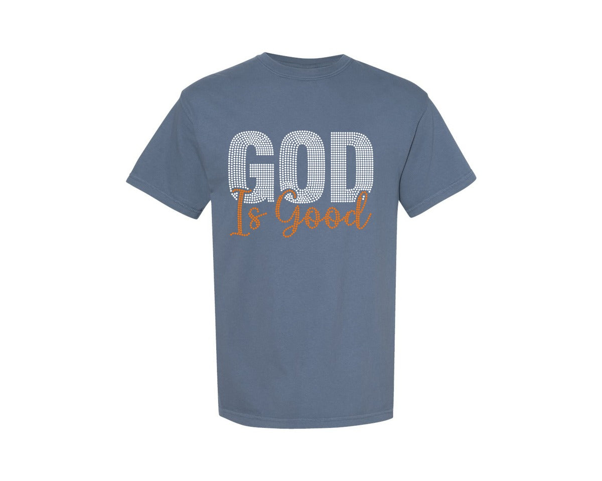 brand:Comfort Colors|color:Blue Jean|God Is Good Rhinestone Graphic T-Shirt