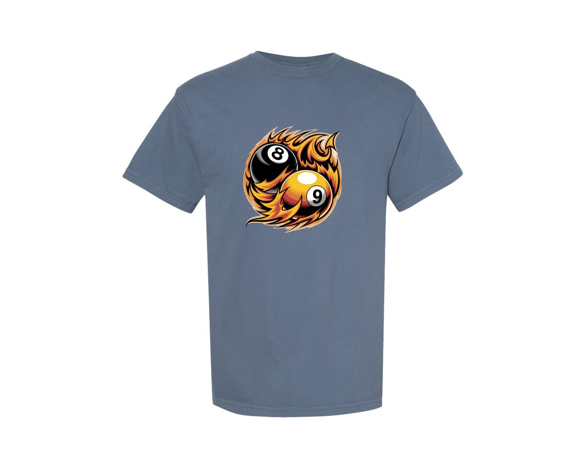 brand:Comfort Colors|color:Blue Jean|Flaming 8 9 Ball Billiards Graphic T-Shirt