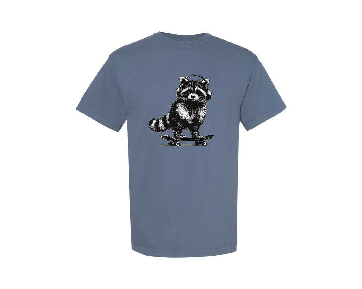 brand:Comfort Colors|color:Blue Jean|Raccoon Playing Skateboard Shirt Graphic T-Shirt
