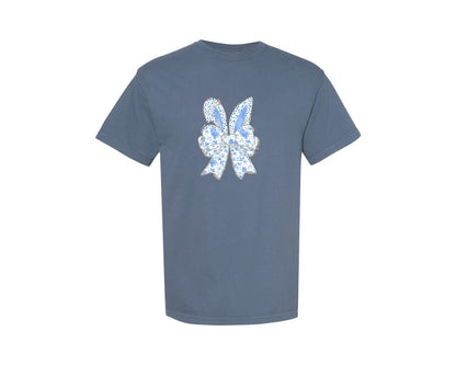 brand:Comfort Colors|color:Blue Jean|Blue Floral Chinoiserie Bunny Easter Bow Graphic T-Shirt