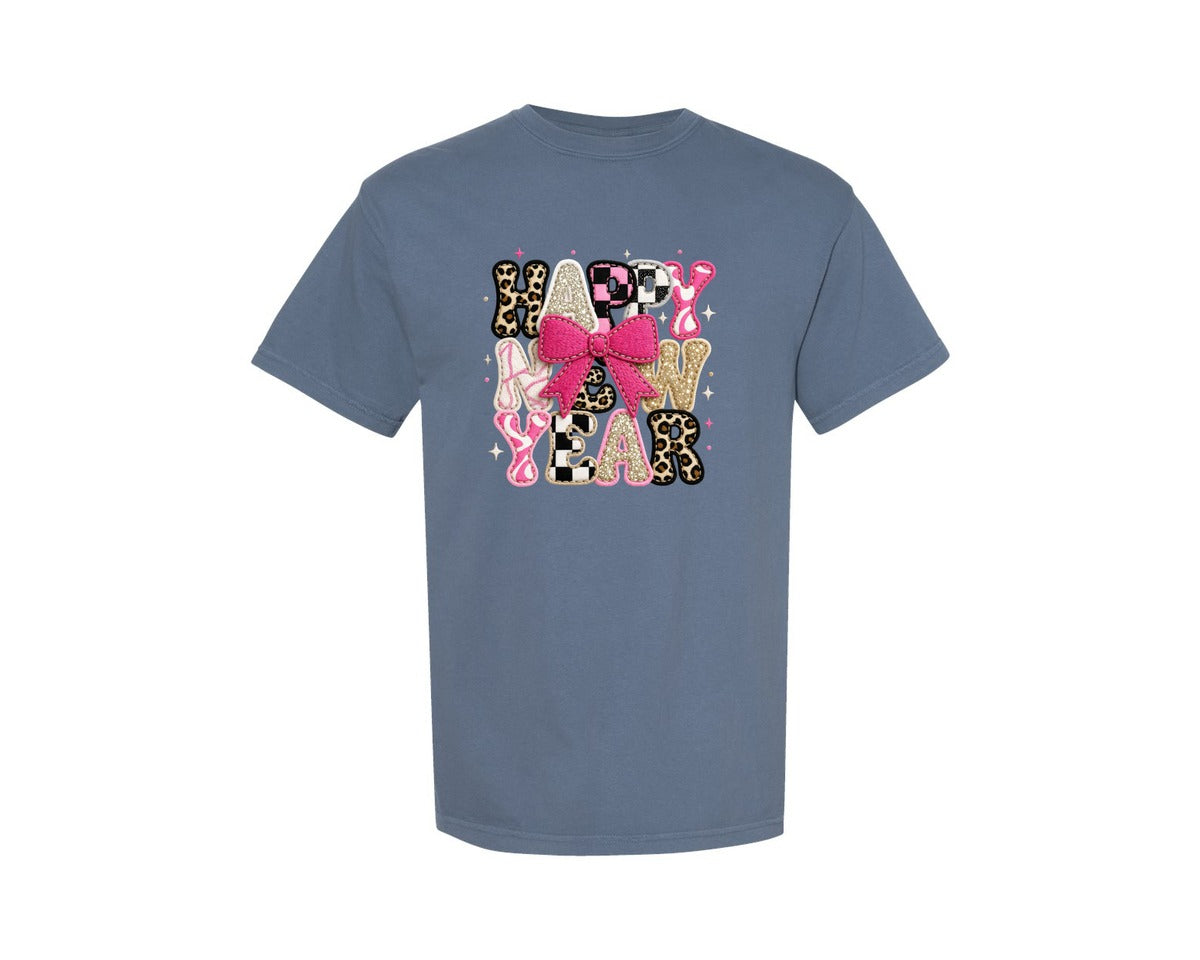 brand:Comfort Colors|color:Blue Jean|Patches Happy New Year Graphic T-Shirt