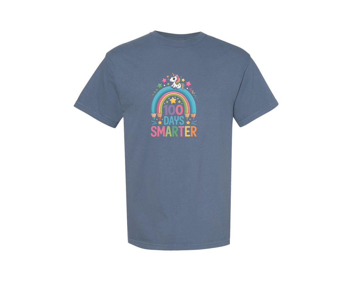 brand:Comfort Colors|color:Blue Jean|100 Days Smarter Unicorn Rainbow Graphic T-Shirt