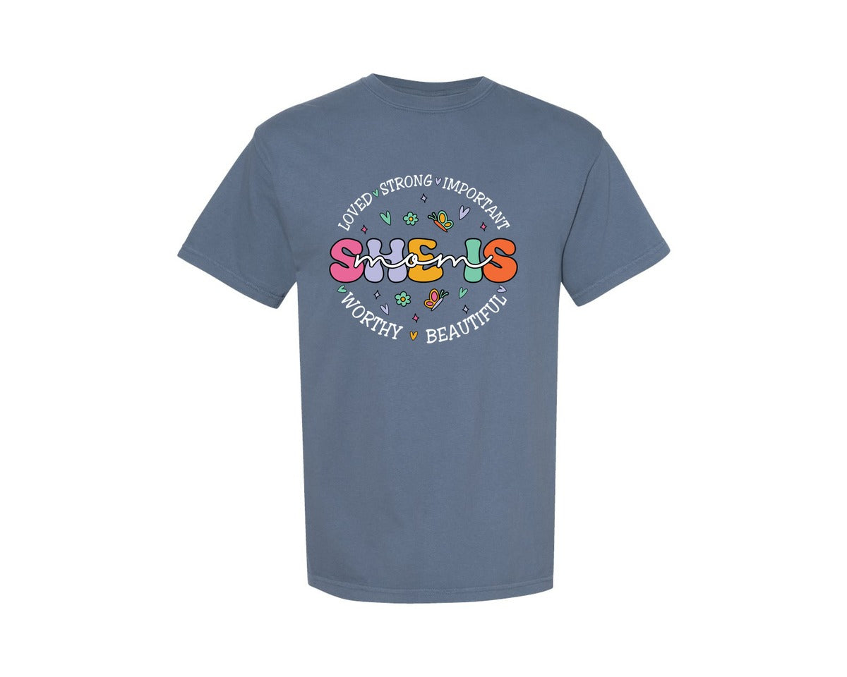 brand:Comfort Colors|color:Blue Jean|She Is Mom Happy Mama Mothers Day Graphic T-Shirt