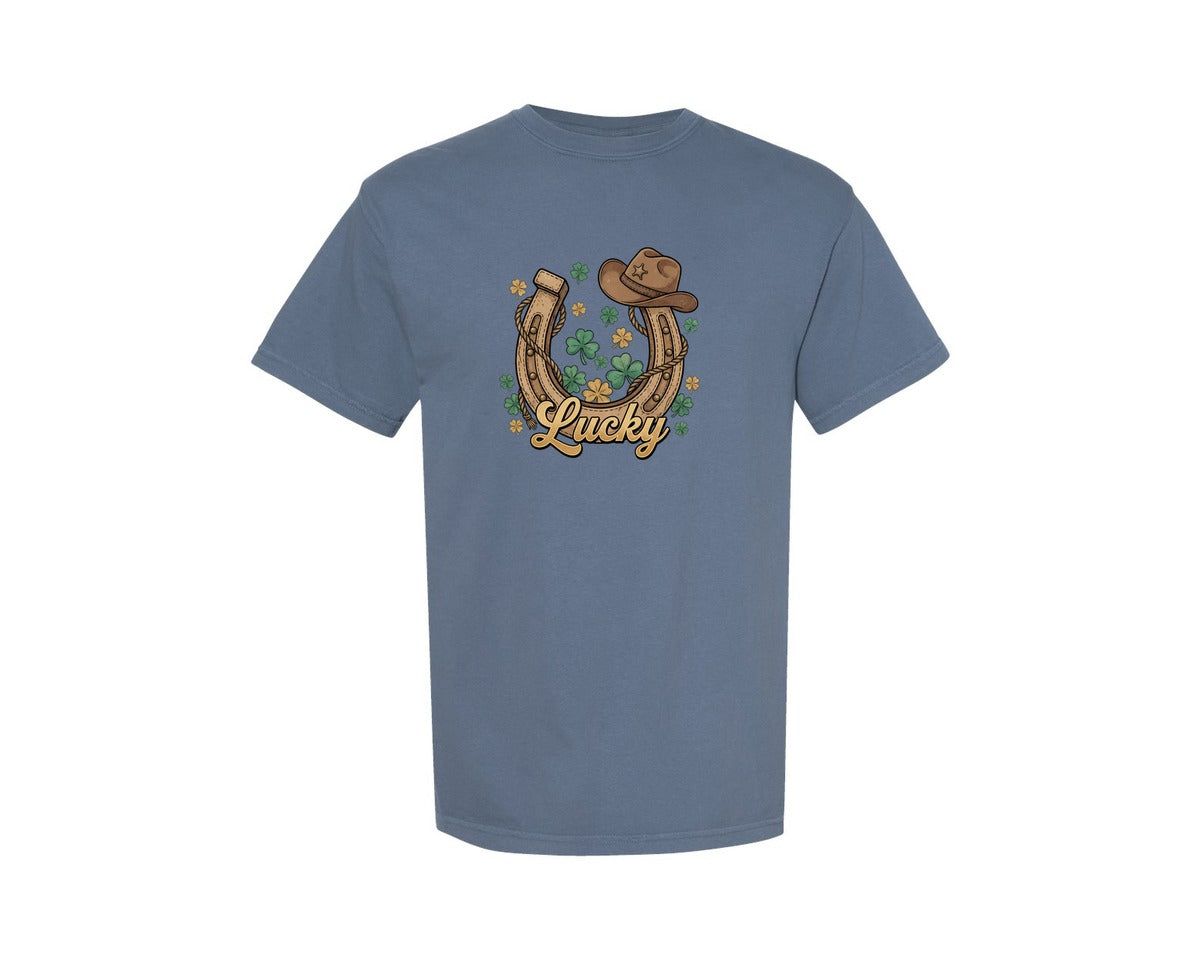brand:Comfort Colors|color:Blue Jean|Lucky Horseshoe St Patricks Day Graphic T-Shirt