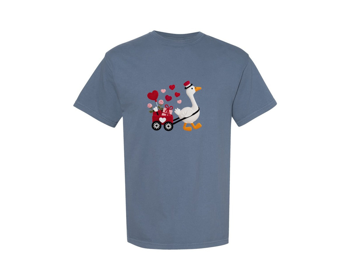 brand:Comfort Colors|color:Blue Jean|Faux Embroidery Valentine Goose Yarn Graphic T-Shirt