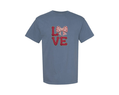 brand:Comfort Colors|color:Blue Jean|Valentines Day Love Bow Faux Yarn Graphic T-Shirt