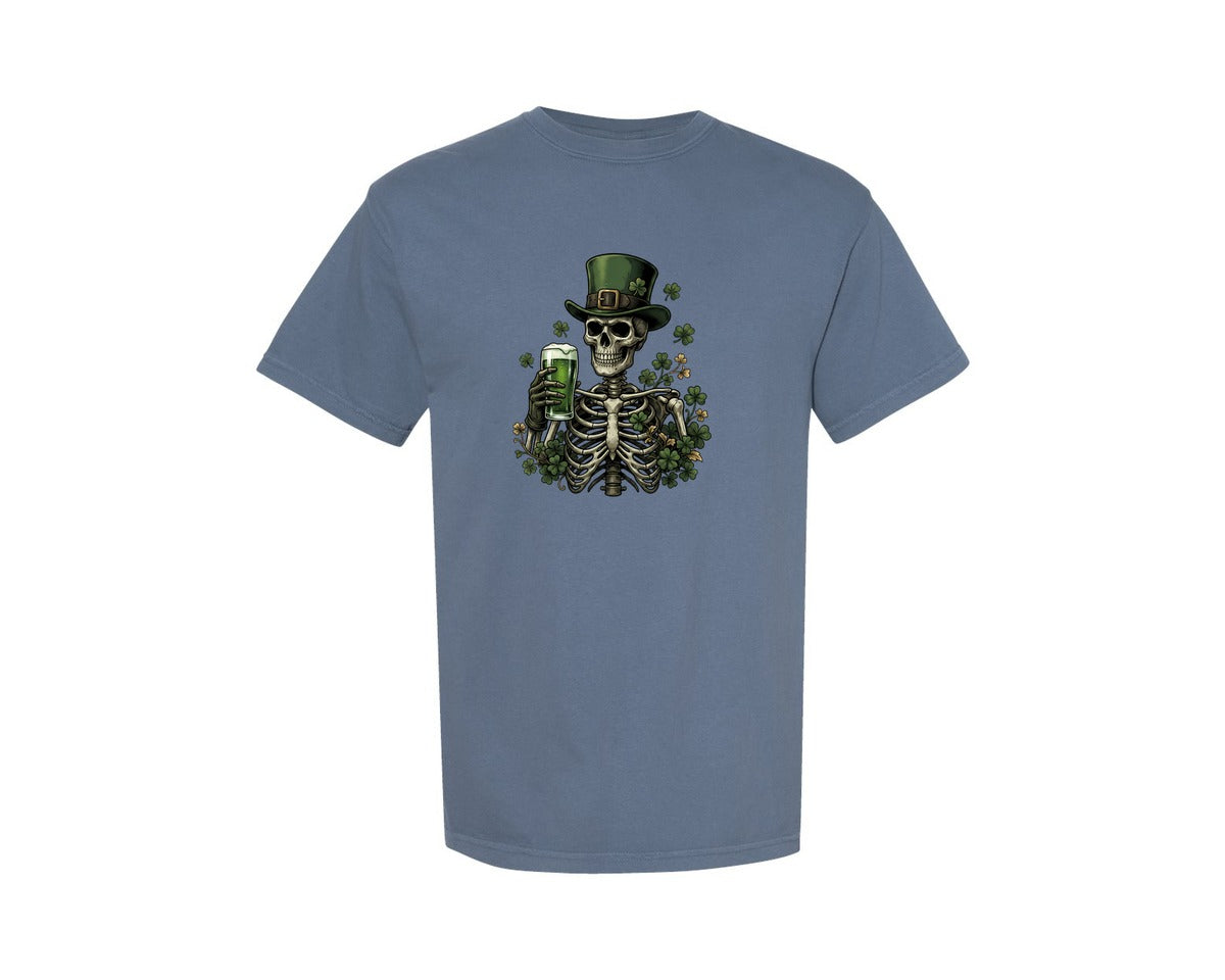 brand:Comfort Colors|color:Blue Jean|Funny St Patricks Day Skeleton Beer Graphic T-Shirt