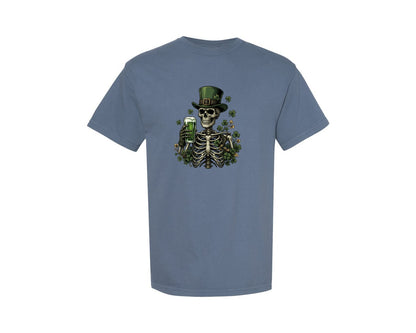 brand:Comfort Colors|color:Blue Jean|Funny St Patricks Day Skeleton Beer Graphic T-Shirt