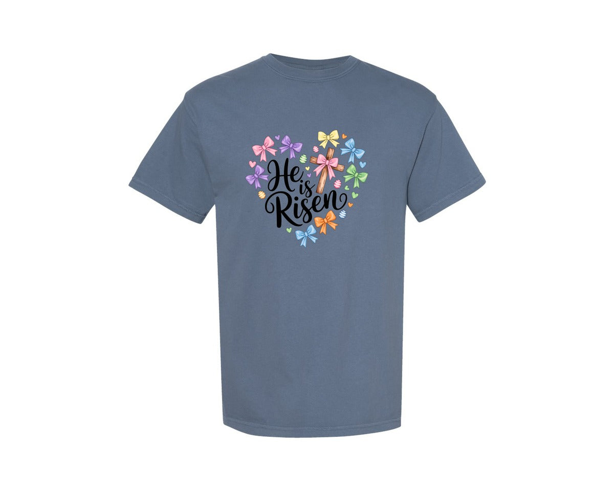 brand:Comfort Colors|color:Blue Jean|Christian Easter Cross He Is Risen Graphic T-Shirt