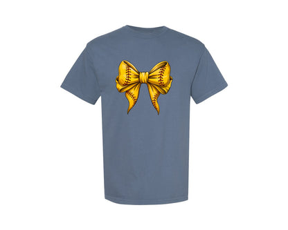 brand:Comfort Colors|color:Blue Jean|Coquette Softball Bow Baseball Mama Graphic T-Shirt