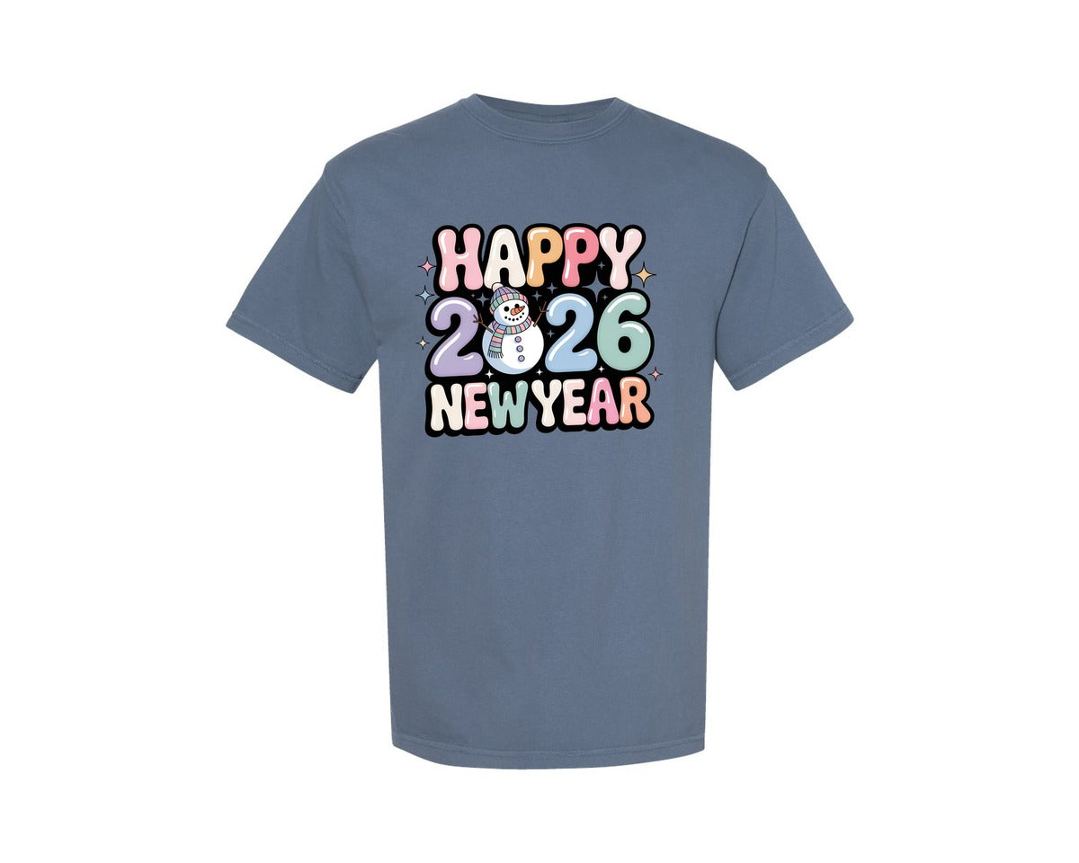 brand:Comfort Colors|color:Blue Jean|Happy New Year 2026 Holiday Graphic T-Shirt