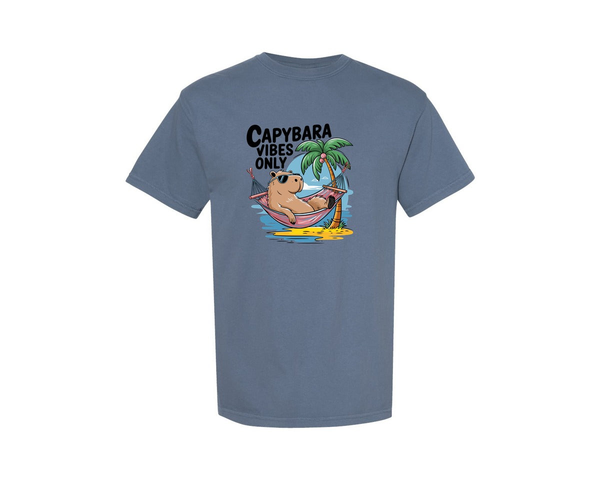 brand:Comfort Colors|color:Blue Jean|Capybara Vibes Only Summer T Shirt Print Graphic T-Shirt