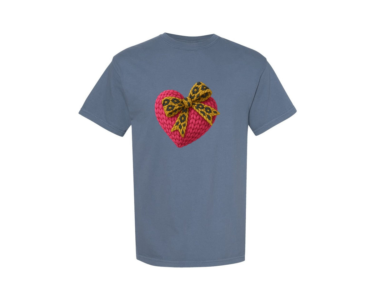 brand:Comfort Colors|color:Blue Jean|Faux Yarn Crochet Heart Valentines Day 2 Graphic T-Shirt